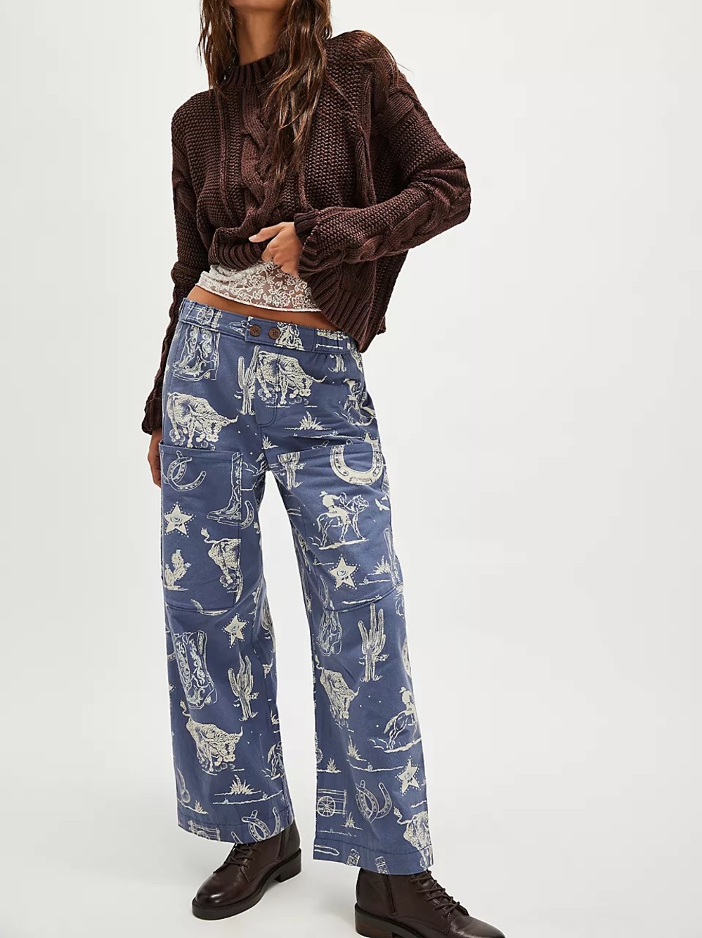 Free People Seaside Pull-On Pants Blue Western Print Cotton Size Medium - Picture 2 of 16